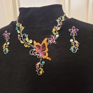 Colorful Butterfly Necklace and Pierced Earrings Set